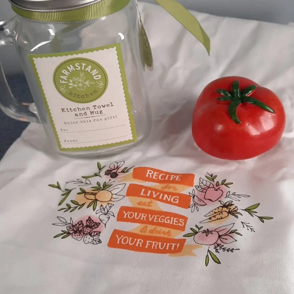 Kitchen Dish Towel Mason Mug Shaker Lid Vegetable Scrub Brush Set Tomato